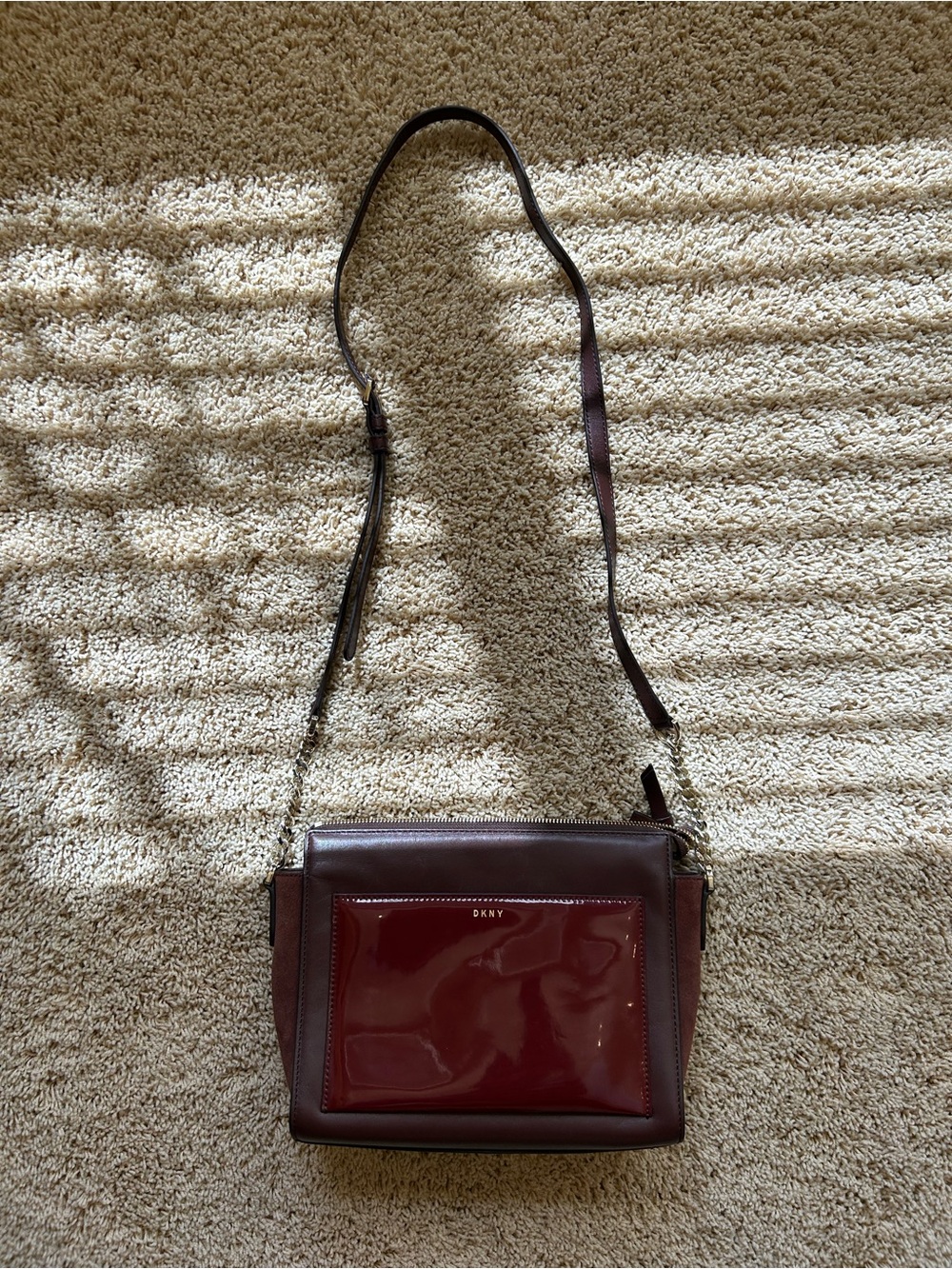 DKNY Patent Front Burgundy and Deep Brown Crossbody Bag